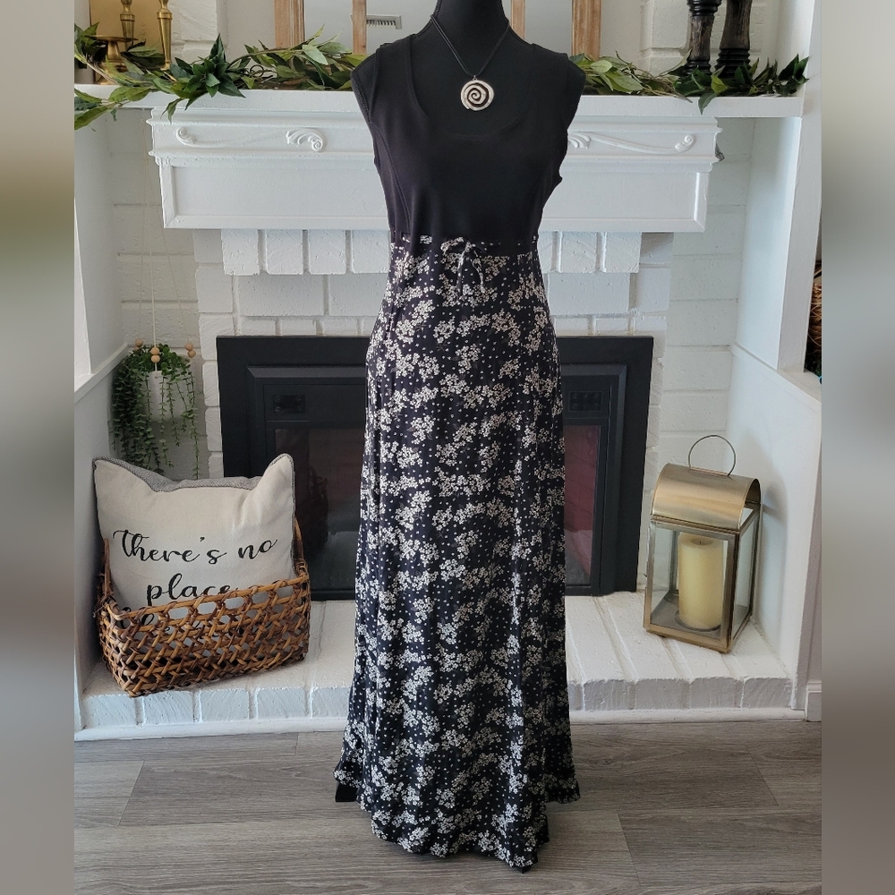 Vintage 90s Black Floral Indie Grunge Maxi Sleeveless Dress Size Large